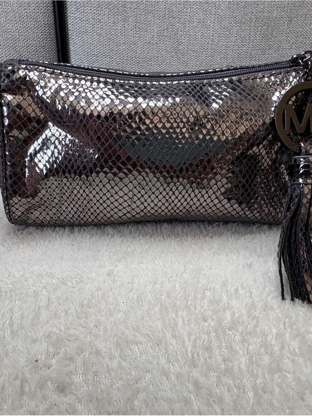 Michael Kors Metallic Gunmetal Snake-Embossed Wristlet with Tassel